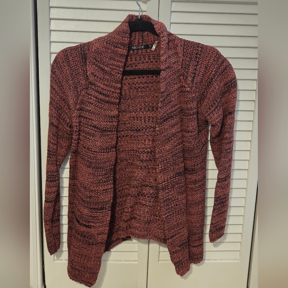 NIC+ZOE Textured Open Front Cardigan Sweater | Size S | Rust Burgundy
